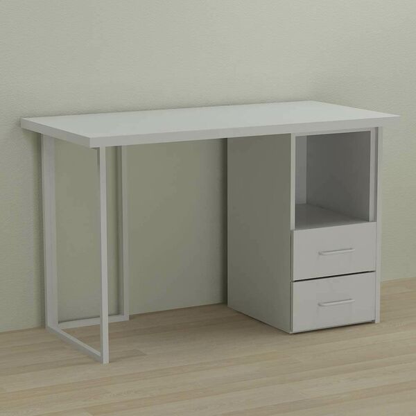 Стіл письмовий з тумбою на 2 шухляди Отто-2 білий, ТОВЩИНА СТІЛЬНИЦІ ДСП: 32 мм, ШИРИНА СТІЛЬНИЦІ: 140 см, ГЛИБИНА СТІЛЬНИЦІ: 70 см, КОЛІР МЕТАЛУ: БІЛИЙ, КОЛІР ДСП: БІЛИЙ