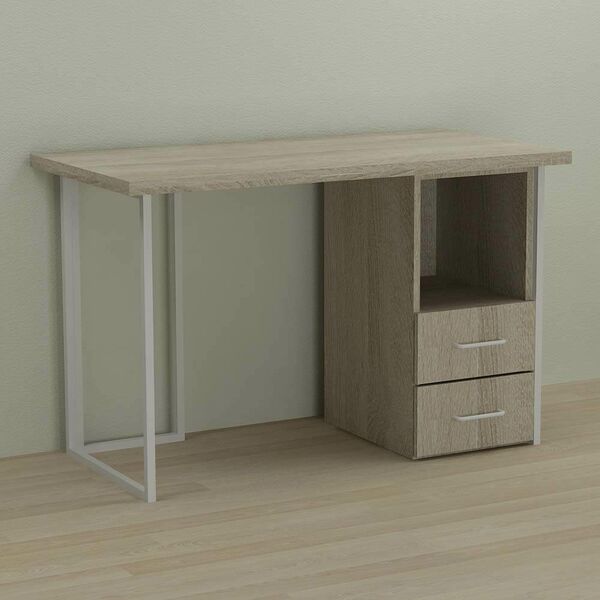 Стіл письмовий з тумбою на 2 шухляди Отто-2 сонома, ТОВЩИНА СТІЛЬНИЦІ ДСП: 32 мм, ШИРИНА СТІЛЬНИЦІ: 120 см, ГЛИБИНА СТІЛЬНИЦІ: 60 см, КОЛІР МЕТАЛУ: БІЛИЙ, КОЛІР ДСП: СОНОМА