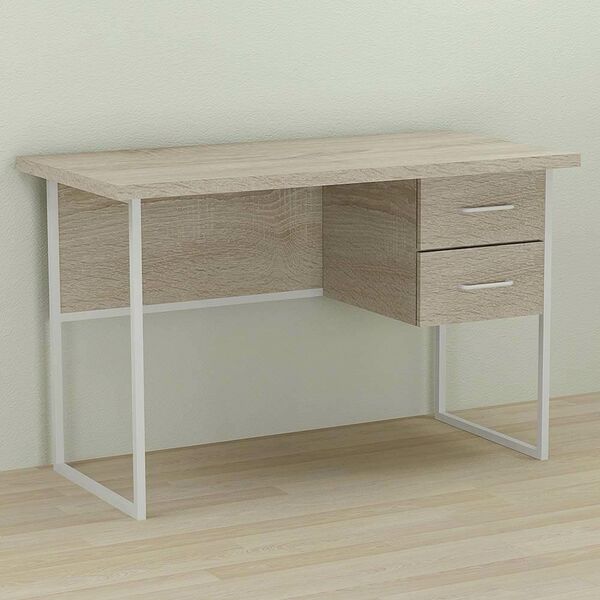 Стіл письмовий з 2 шухлядами Дакота-2 сонома, ТОВЩИНА СТІЛЬНИЦІ ДСП: 32 мм, ШИРИНА СТІЛЬНИЦІ: 120 см, ГЛИБИНА СТІЛЬНИЦІ: 70 см, КОЛІР МЕТАЛУ: БІЛИЙ, КОЛІР ДСП: СОНОМА