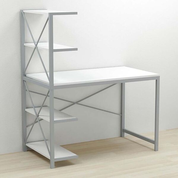 Стол письменный с этажеркой Джек-5 белый, ТОЛЩИНА СТОЛЕШНИЦЫ ДСП: 16 мм, ШИРИНА СТОЛЕШНИЦЫ: 120 см, ГЛУБИНА СТОЛЕШНИЦЫ: 60 см, ЦВЕТ МЕТАЛЛА: СЕРЫЙ, ЦВЕТ ДСП: БЕЛЫЙ