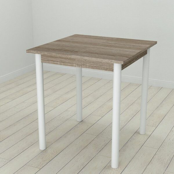 Стіл кухонний Agatha-50, з круглими ніжками трюфель, ТОВЩИНА СТІЛЬНИЦІ ДСП: 16 мм, ШИРИНА СТІЛЬНИЦІ: 70 см, КОЛІР МЕТАЛУ: БІЛИЙ, КОЛІР ДСП: ТРЮФЕЛЬ