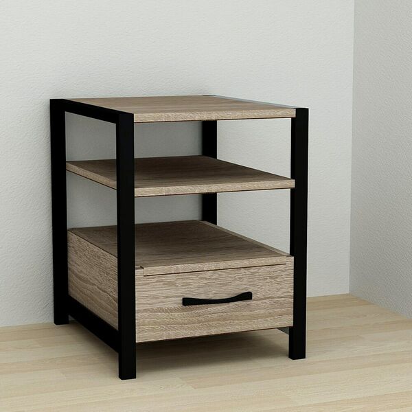 Тумба приліжкова з полицями та шухлядою Vivien-11 трюфель, КОЛІР МЕТАЛУ: ЧОРНИЙ, КОЛІР ДСП: ТРЮФЕЛЬ