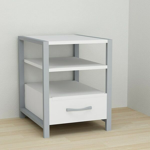 Тумба приліжкова з полицями та шухлядою Vivien-11 білий, КОЛІР МЕТАЛУ: СІРИЙ, КОЛІР ДСП: БІЛИЙ