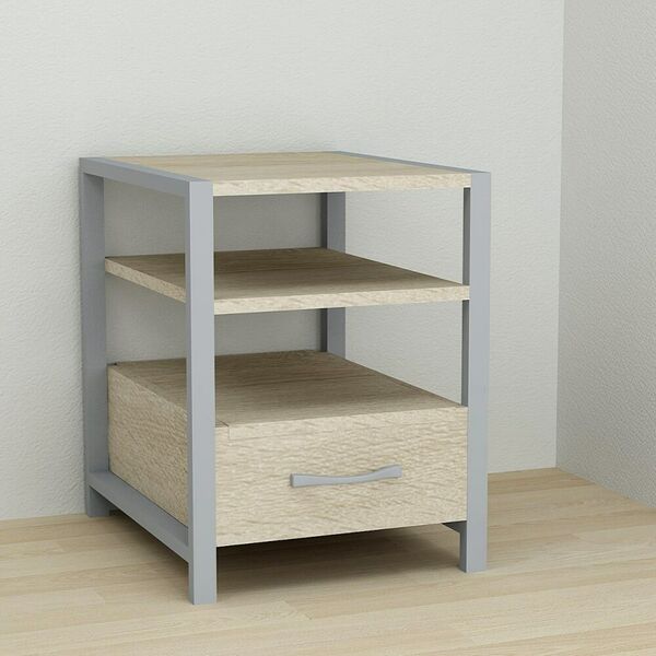 Тумба приліжкова з полицями та шухлядою Vivien-11 сонома, КОЛІР МЕТАЛУ: СІРИЙ, КОЛІР ДСП: СОНОМА