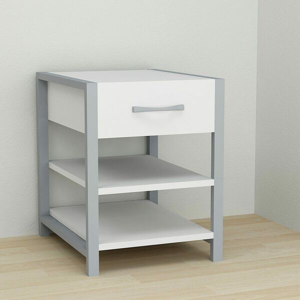 Тумба приліжкова з шухлядою Vivien-12 білий, КОЛІР МЕТАЛУ: СІРИЙ, КОЛІР ДСП: БІЛИЙ