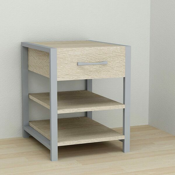 Тумба приліжкова з шухлядою Vivien-12 сонома, КОЛІР МЕТАЛУ: СІРИЙ, КОЛІР ДСП: СОНОМА