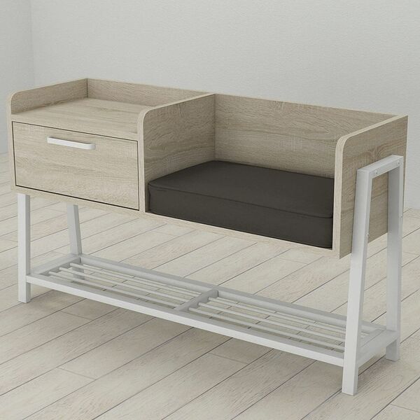 Банкетка со спинкой в прихожую Бьянка-1 сонома, ЦВЕТ МЕТАЛЛА: БЕЛЫЙ, ЦВЕТ ДСП: СОНОМА