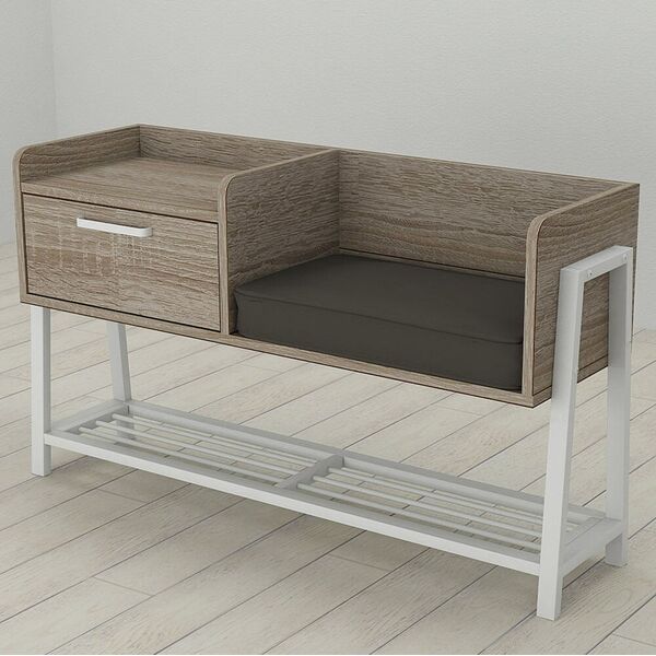 Банкетка со спинкой в прихожую Бьянка-1 трюфель, ЦВЕТ МЕТАЛЛА: БЕЛЫЙ, ЦВЕТ ДСП: ТРЮФЕЛЬ