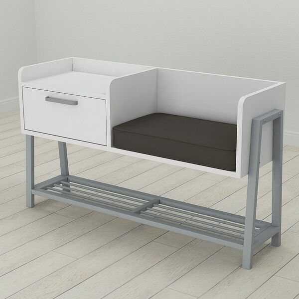 Банкетка зі спинкою в передпокій Бьянка-1 білий, КОЛІР МЕТАЛУ: СІРИЙ, КОЛІР ДСП: БІЛИЙ