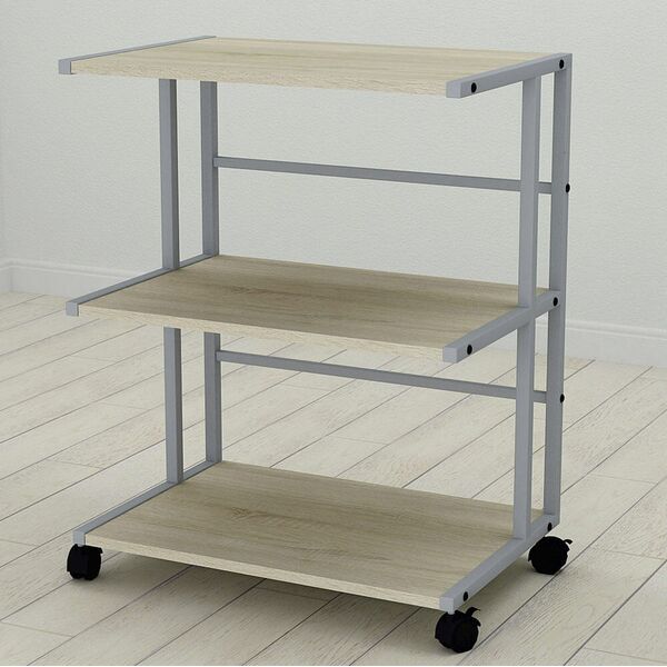 Етажерка на колесиках офісна Каміла-3 сонома, КОЛІР МЕТАЛУ: СІРИЙ, КОЛІР ДСП: СОНОМА